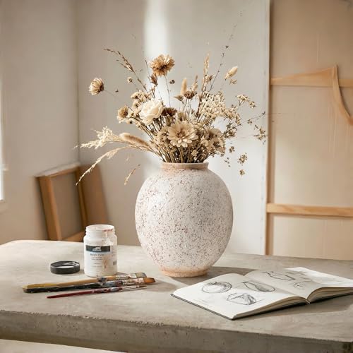 Large Round Ceramic Vase, 9.8“ H, Red White Speckled - color: Retro-9.8", size: 9.8"-Oval