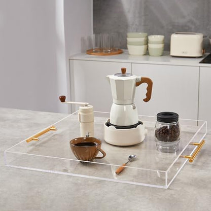 Extra Large Clear Acrylic Serving Tray (21×21 Inches) with Gold Handles Spill Proof Acrylic Over Size Big Decorative Tray Organiser for Ottoman Coffee Table Countertop - size: 21×21 Inches
