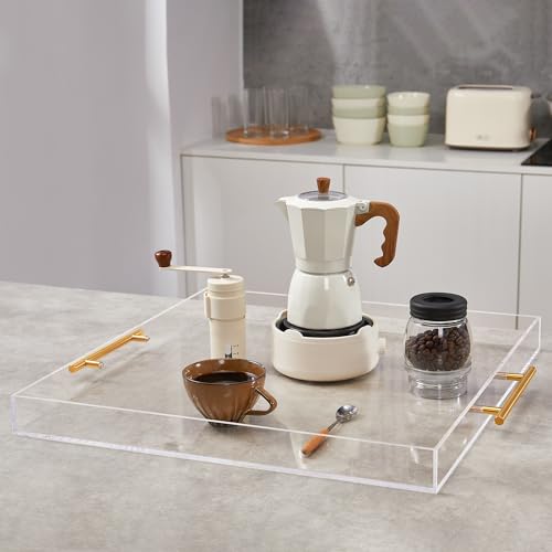 Extra Large Clear Acrylic Serving Tray (18×18 Inches) with Gold Handles Spill Proof Acrylic Over Size Big Decorative Tray Organiser for Ottoman Coffee Table Countertop - size: 18x18 Inches