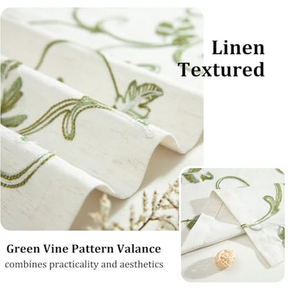 VOGOL Green Vine Embroidered Valance, Linen Texture, 60 x 18 Inches - color: Green, size: 60"W x 18"L (Pack of 1)