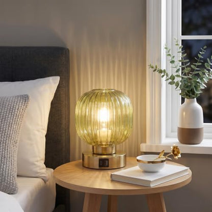 Elenhome Touch Small Table Lamp,Elegant Green Glass Bedside Lamp 3 Way Dimmable with USB C+A Charging Ports - Bedroom Nightstand & Living Room Essential, 4W Bulb Included (Green) - color: Green-USB1pack
