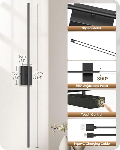 39.4" Wireless Wall Sconces Battery Operated Set of 2, Rechargeable Lamps with Remote, 360° Rotation, 10000mAh, Touch Dimmable Lights for Bedroom, Living Room, Hallway, Black B07YBP205 - color: Black, size: 39.4 Inches