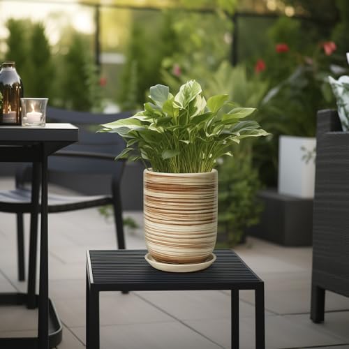 8 Inch Plant Pot, Ceramic Planter for Plants, Yellow - color: Yellow Stripes, size: 8 Inch