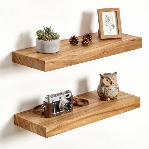 fuqing Floating Shelves for Wall, 16 Inch Rustic Solid Elm Wood Shelves - color: Natural Elm Flat Edge - 6.7"d, size: 16"L - 2Packs
