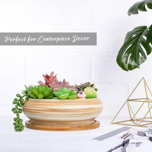 Succulent Pots, Ceramic Bonsai Pots with Tray, 7.3 Inch Large Plant Pots - color: Wooden Pattern