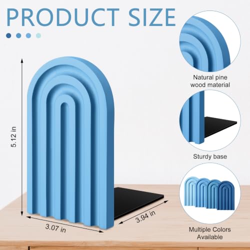 Harloon 4 Pcs Boho Arch Bookends Rainbow Wooden Book Ends, Sky Blue Color - color: Denim Blue Color