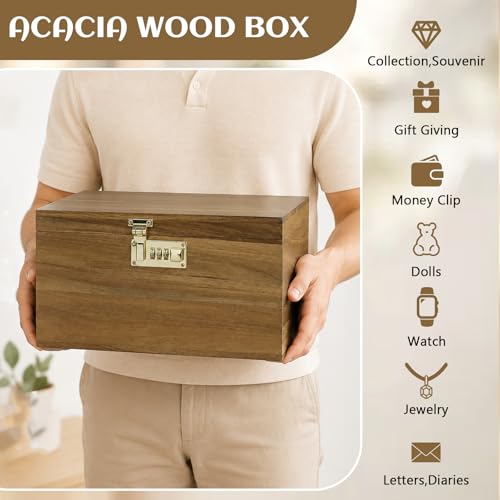 X-Large Acacia Wooden Keepsake Box with Hinged Lid & Locking Key
