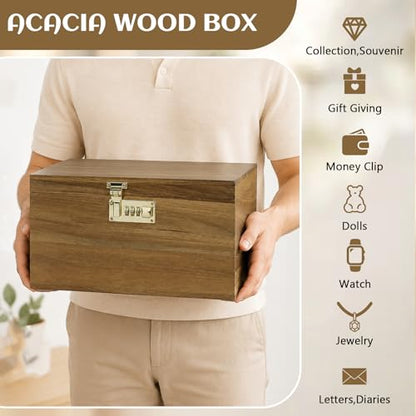 X-Large Acacia Wooden Keepsake Box with Hinged Lid & Locking Key