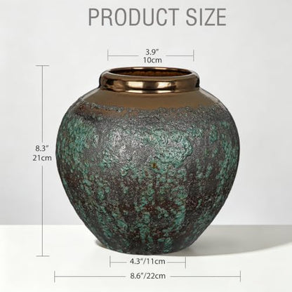 Ceramic Flower Vase, Rustic Farmhouse Flower Vase with Bronze Rim