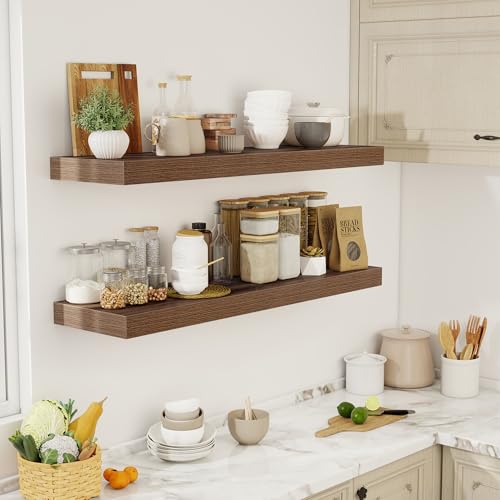 Acovy 48 Inch Floating Shelves, 12" Deep Floating Shelf Wall Mounted, 48" Wall Shelves, Rustic Deep Bookshelf, Extra Deeper & Thicker Display Shelves for Bedroom, Living Room, Walnut, Set of 2 - color: Walnut, size: 12"Wx48"L-2pcs