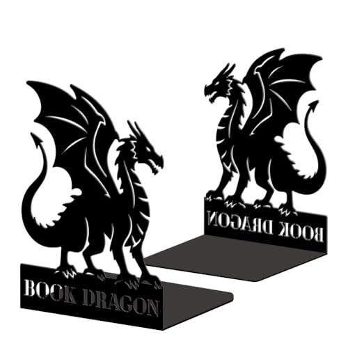 Peacoblue 5.3"x4.3"x6.9" Metal Bookends, Heavy Duty Book Ends for Shelves - style: Dragon