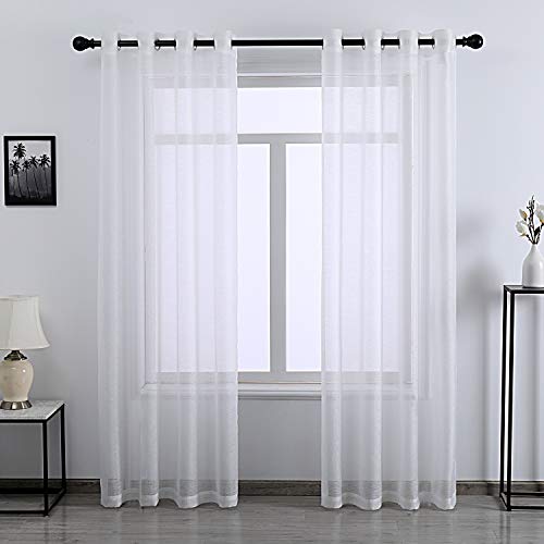 DONREN 72 Inches Long White Voile Curtains for Living Room Set of 2 Solid Textured Sheer Panels with Ring Top - color: White, size: 52"W x 72"L (Pack of 2)