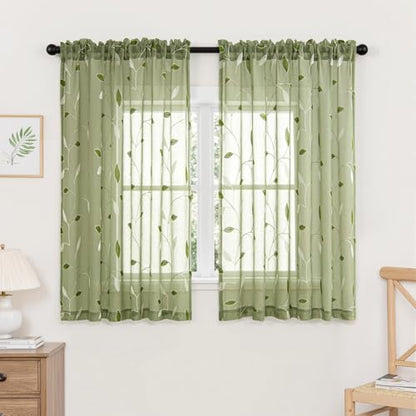 MIULEE Sage Green Sheer Curtains 2 Panels Leaf Patterned, W52 x L54 - color: Sage Green, size: 52"W x 54"L (Pack of 2)