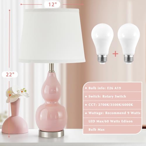 GyroVu 22" Table Lamp Set of 2, Color Temperature Adjustable Double Gourd Ceramic Lamps Classic Nightstand Table Lamps for Bedroom Beside Lamps for Living Room, Pink-Bulbs Included - color: 22.63" Pink Gourd