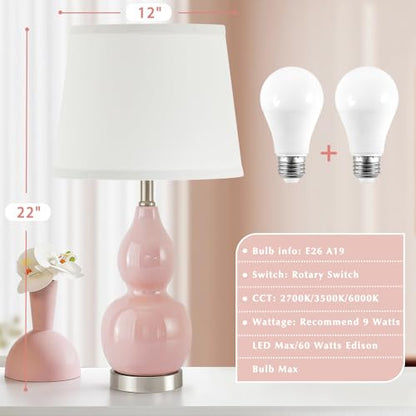 GyroVu 22" Table Lamp Set of 2, Color Temperature Adjustable Double Gourd Ceramic Lamps Classic Nightstand Table Lamps for Bedroom Beside Lamps for Living Room, Pink-Bulbs Included - color: 22.63" Pink Gourd