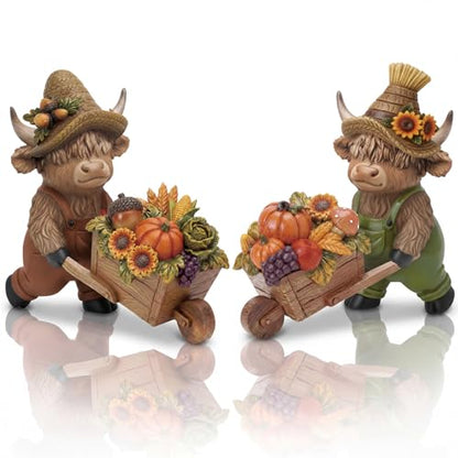 Karenhi 2 Pcs Fall Highland Cow Figurines, Harvest Wheelbarrow Decor - style: Harvest