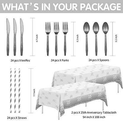 APOWBLS 25th Anniversary Decorations Tableware Wedding, Silver, Serves 24
