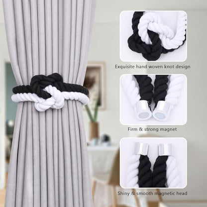 NICEEC Cotton Rope Magnetic Curtain Tiebacks, 2 Pack, Black & White - color: Black & White, size: 2 Pack