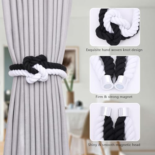 NICEEC Cotton Rope Magnetic Curtain Tiebacks, 4 Pack, Black & White - color: Black & White, size: 4 Pack