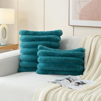 HAUSSY Pack of 2 Faux Fur Striped Throw Pillow Covers 18x18 Inch, Teal - color: Teal, size: 18" x 18" (Pack of 2)