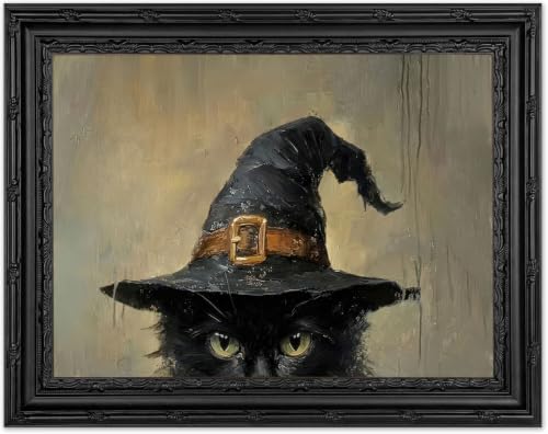 Framed Vintage Black Cat Wall Art,Black Cat in Witch Hat Canvas Painting,Gothic Halloween Poster Prints,Dark Academia Picture Wall Decor for Living Room Bedroom 12x16in - color: Wizard cat, size: 16"L x 12"W