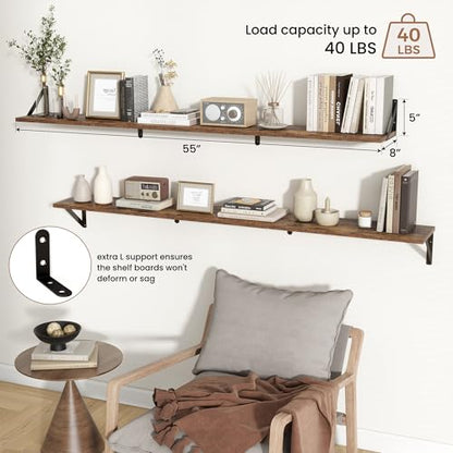 Axeman 55 Inch Floating Shelves, 8 Inch Deep Brown Wall Shelves Set of 2 - color: Rustic Brown, size: 55 Inch