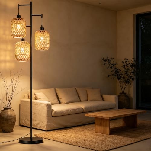 QIYIZM Floor Lamp for Living Room,Bedroom,Boho Rattan Tree 3 Lights Farmhouse Floor Lights,Industrial Black Standing Lamp Wicker Rustic Tall Lamp,Woven Bamboo LampShade Floor Lamps Bohemian - size: Floor Lamp--17