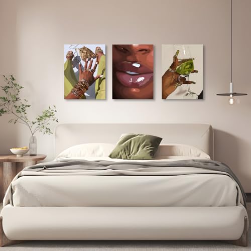 Hianan Wrapped Canvas Fashion Black Woman Wall Art Set of 3, 16x24 in - color: Yellow-Green, size: 24"L x 16"W