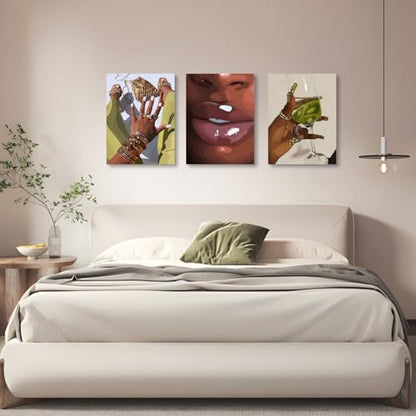 Hianan Wrapped Canvas Fashion Black Woman Wall Art Set of 3, 16x24 in - color: Yellow-Green, size: 24"L x 16"W