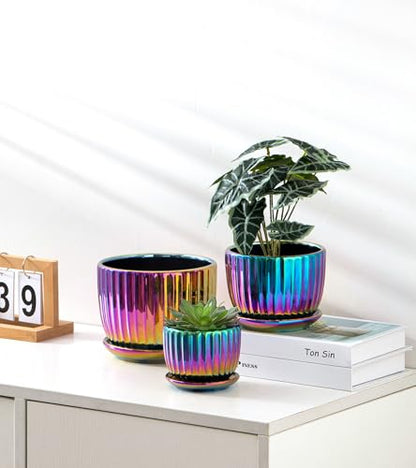 Ceramic Planters,Plant Pots with Drainage Holes & Saucers Set of 3(Purple) - color: Purple