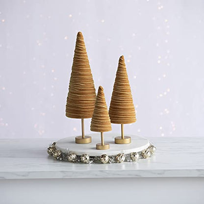 Gold Pedestal Velvet Trees Set of 3, Elegant Winter Accent Mantel, Valentine Tabletop, Sophisticated Wedding Centerpiece, Office Bookshelf, Cozy (Gold) - color: Gold