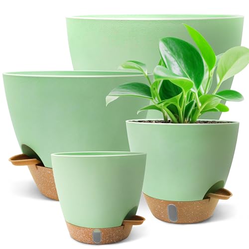12/10/9/8 inch Self Watering Pots with Visual Water Window, Extra Large Self Watering Plant Pot with Drainage Holes and Saucers, Green Flower Pots for Indoor Plants - color: Green