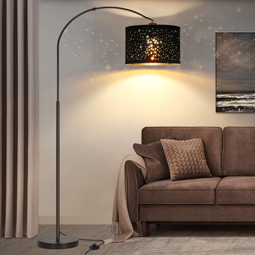 Modern Arc Floor Lamp, Tall Pole Lamp with Black Stars Lampshade - color: Black Base with Stars Shade