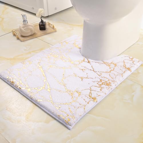 QJHOMO White and Gold U Shaped Toilet Rug Marble Contour Bath Mat 20x24 in - color: White and Gold, size: 1'8" x 2' (U-Shape)
