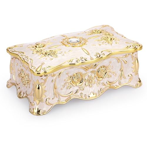 Hipiwe Metal Jewelry Storage Box Treasure Organizer 2 Layer Jewelry Tray | Gorgeous Treasure Chest for Rings Necklaces Earrings Decorative Keepsake Box with Gold Rose Pattern, Beige - color: Beige, size: X-Large