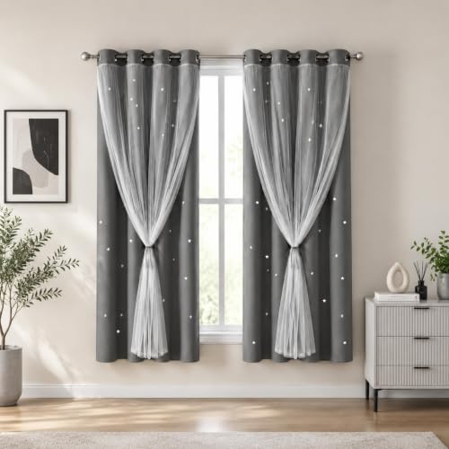 Grey Kids Star Cutout Blackout Curtains for Bedroom 52"W x 63"L 2 Panels - color: Grey, size: 52"W x 63"L (Pack of 2)