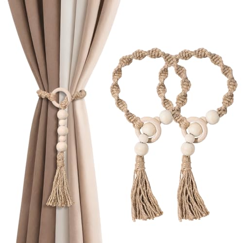 Macrame Curtain Tiebacks with Wooden Beads, Jute Rope Boho Holdbacks with Tassels, Natural Beige, 2-Pcs