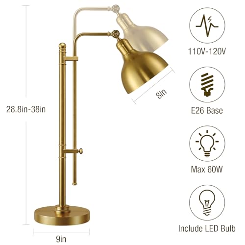 PARTPHONER Industrial Adjustable Desk Lamp for Home Office, Farmhouse Table lamp 29''-38'', Rustic Metal Task Desk Lamp in Brushed Gold Finish, Vintage Reading Lamp for Study Room，Gold - color: Gold