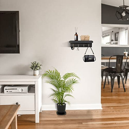 Key Holder Wall Mount, Farmhouse Wall Shelf with 4 Hooks for Entryway - color: Black - Pine