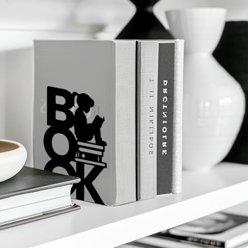 Peacoblue 5.3"x4.3"x7.9" Metal Bookends, Heavy Duty Book Ends for Shelves - color: Book and Reading Girl