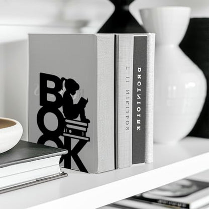 Peacoblue 5.3"x4.3"x7.9" Metal Bookends, Heavy Duty Book Ends for Shelves - color: Book and Reading Girl