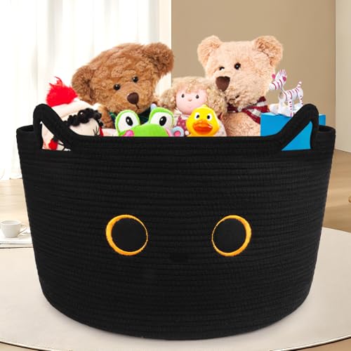 Large Black Cat Basket for Nursery,Cute Cat Woven Laundry Blanket Cotton - color: Black, size: 23 × 13 inches