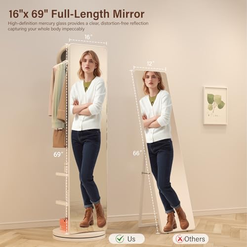 Muwuele Solid Wood Rotary Full Length Mirror Coat Rack, 69" x 20" Oversize Standing Mirror Full Length, Floor Mirror for Bedroom, Living Room, Entryway (White) - color: White
