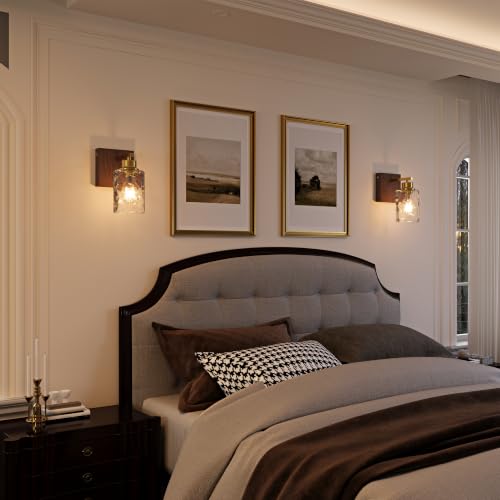 Hammered Glass Battery Operated Wall Sconces Set of Two Gold & Walnut | Dimmable Rechargeable Wall Lights with Remote Timer, Easy Install Lamp for Living Room Bedroom, Emergency 3000K - color: Gold Walnut(Clear Hammered Lampshades)