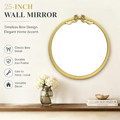 25" Round Wall Mirror with Gold Bow, Metal Frame Decorative Hanging Circle Mirror