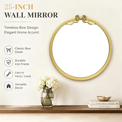 25" Round Wall Mirror with Gold Bow, Metal Frame Decorative Hanging Circle Mirror