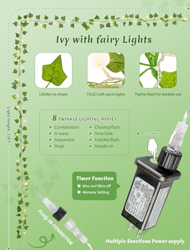 Vines with Fairy Lights,23FT Ivy Garland Plug in with Remote - color: Ivy, size: 73 LED-Plug