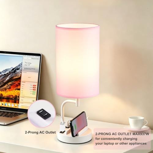 Dreamholder Touch Control USB Table Lamp with USB C/A & AC Outlet, 3-Way Dimmable Bedside Lamp, Modern Nightstand Lamps for Bedroom Living Room Guest Room Office, Bulb Included, White Pink - color: White Pink
