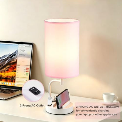 Dreamholder Touch Control USB Table Lamp with USB C/A & AC Outlet, 3-Way Dimmable Bedside Lamp, Modern Nightstand Lamps for Bedroom Living Room Guest Room Office, Bulb Included, White Pink - color: White Pink