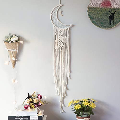 MOONFLY Dream Catcher with Handmade Moon Star Design Woven Cotton Macrame Wall Hanging Boho Home Decoration Ornament Craft Gift for Bedroom Living Room Wedding Party (White Moon) - color: White Moon
